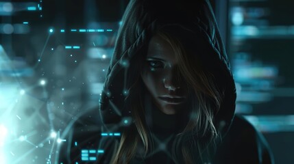 Female hacker in a dark, atmospheric close-up portrait