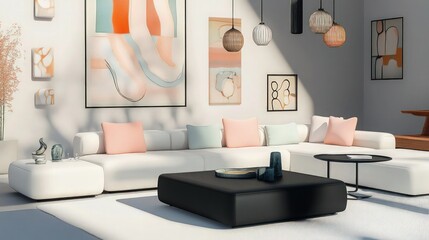A minimalist living room featuring a white modular sofa with pastel cushions and a sleek black coffee table. 