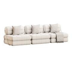 A white couch with pillows and a blanket on it
