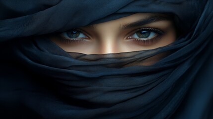 Naklejka premium Eyes peer through layers of fabric, revealing a story of mystery and cultural beauty at twilight