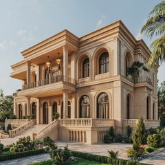 Obraz premium Majestic Villa Surrounded by Lush Gardens and Palm Trees, Showcasing Intricate Architecture Under a Clear Blue Sky at Golden Hour