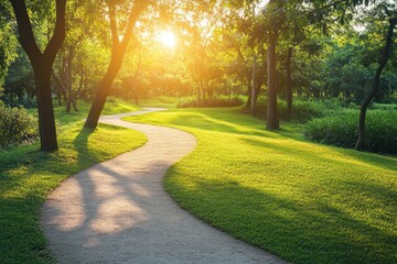 Obraz premium Winding Path Through Lush Green Park Sunlight