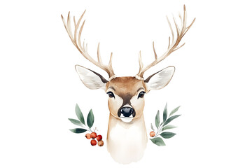Deer with large antlers watercolor illustration isolated on white background