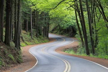 Obraz premium Winding Road Through Lush Green Forest Canopy