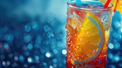 Icy cold drink illuminated in vibrant, colorful light