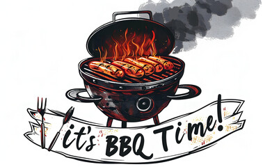 Vintage Style BBQ Grill Illustration with 'It's BBQ Time!' Text - Vector Graphic Design for Summer Barbecue Enthusiasts - Generative AI