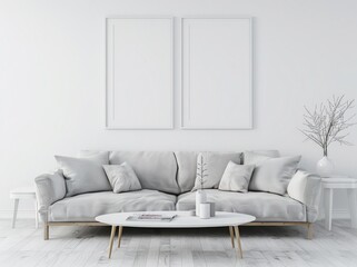 Fototapeta premium Minimalist living room interior with a white sofa, a round coffee table, two framed pictures, and a fluffy pampas grass plant in a vase