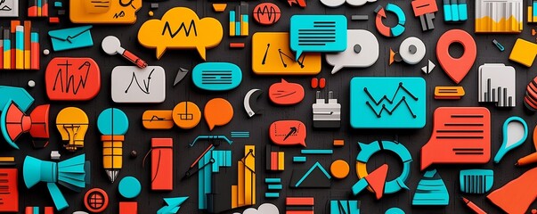 Vibrant mural of overlapping symbols charts and icons forming a unified vision representing the outcomes of a creative brainstorming session