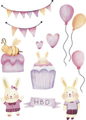 Hand drawn watercolor clip art set of birthday party with cake, balloons, cute bunnies, purple birthday set. Birthday party clip art, birthday essentials, birthday design elements,   Birthday invite