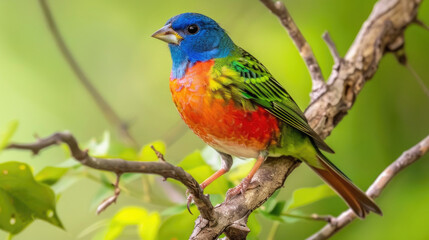 Obraz premium Vibrant Painted Bunting Perched on Branch in Lush Greenery Captured in Stunning Detail