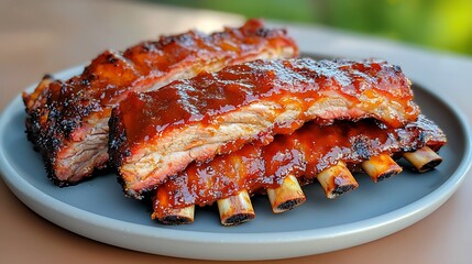 A plate of succulent, tender ribs covered in a rich, tangy barbecue sauce, the meat practically falling off the bone as the smoky flavor dances on your taste buds.