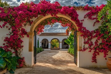Vibrant Bougainvillea Drapes Over a Stunning Archway Highlighting a Charming Courtyard in a Picturesque Garden Retreat During Sunset