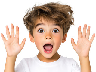 Joyful young boy with arms raised in the air, expressing happiness and excitement against a simple background.