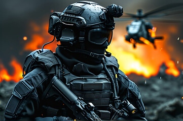 Fototapeta premium Modern military soldier, futuristic armed forces, warzone scene 