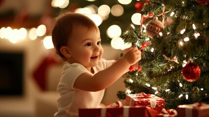 Baby decorating a Christmas tree with joy.