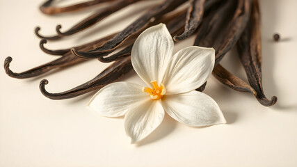 Vanilla sticks with flower on beige backgrounds.