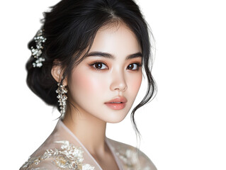 Radiant woman with a flower in her hair, portrait of natural beauty and timeless elegance.