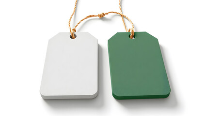 Paper grey and green tags on white background.