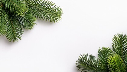 Obraz premium Christmas tree branch on corner border, pine branch on white background