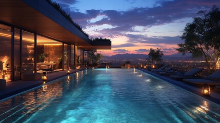 Fototapeta premium A luxurious hotel pool at dusk, illuminated by soft underwater lights, the city lights twinkling in the background, elegant poolside seating, calm and still water surface,