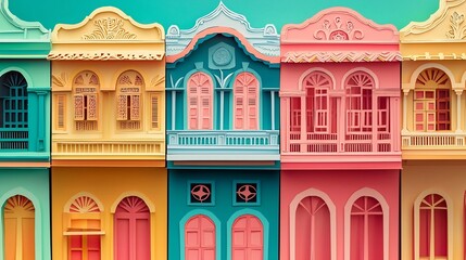 Vibrant Paper Cut of Phuket Old Town s Iconic Sino Portuguese Architecture Featuring Detailed Windows Ornate Shopfronts and Tropical Street Scene