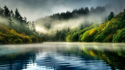 Fototapeta premium Tranquil Morning Reflections: Lush Forest and Misty Waters Create a Serene Atmosphere