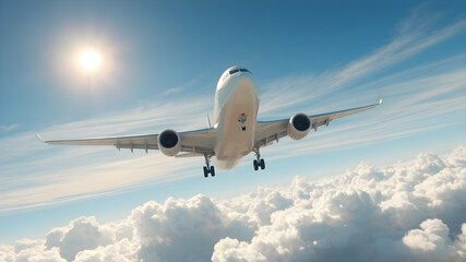 Obraz premium Airplane is flying above the day clouds, travel trip vacation