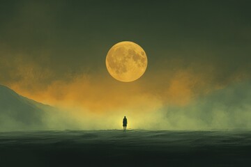 Solitary Figure Underneath A Large Yellow Moon