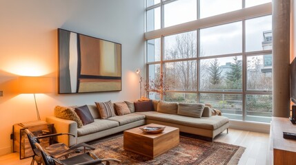 Obraz premium Stylish Living Room Exuding Modern Elegance With Large Windows and Cozy Furnishings During a Serene Afternoon