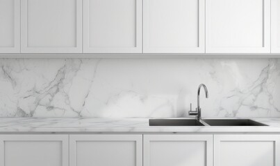 Minimalist kitchen countertop with white cabinets, marble backsplash, a chrome faucet, and a soap dispenser