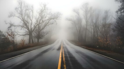 Misty Road Through the Woods: A Dark and Atmospheric Scene Capturing the Essence of a Foggy Journey