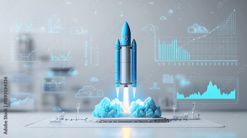 Aufkleber 3D rendered image of a vibrant blue glowing rocket lifting off into the sky against a clean white backdrop accompanied by an upward trending data graph indicating progress and success