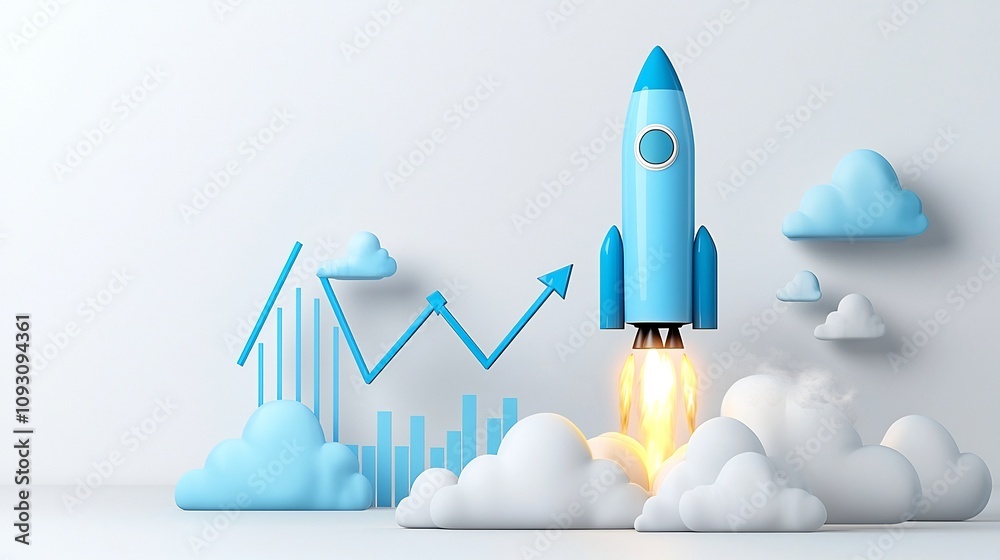 Poster powerful blue rocket launching with glowing blue and white clouds accompanied by a rising graph symb