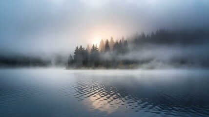 Fototapeta premium Serene Misty Lake at Dawn: A Tranquil Scene with Silhouetted Trees and Gentle Water Reflections Illuminated by the Rising Sun