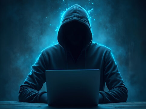 Hacker Laptop, cybersecurity, scammer, Ethical hack, Hacker in Hoodie Working on Laptop, Cyber attack process with hacker