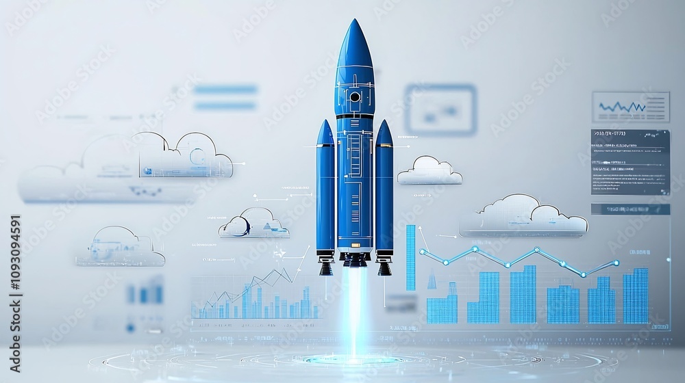 Poster futuristic blue rocket ascending with glowing white and blue clouds rising graph lines signifying su