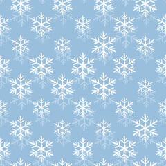 Winter seamless pattern with white snowflakes on blue background. Vector illustration for fabric, textile wallpaper, posters, gift wrapping paper. Christmas vector illustration.
