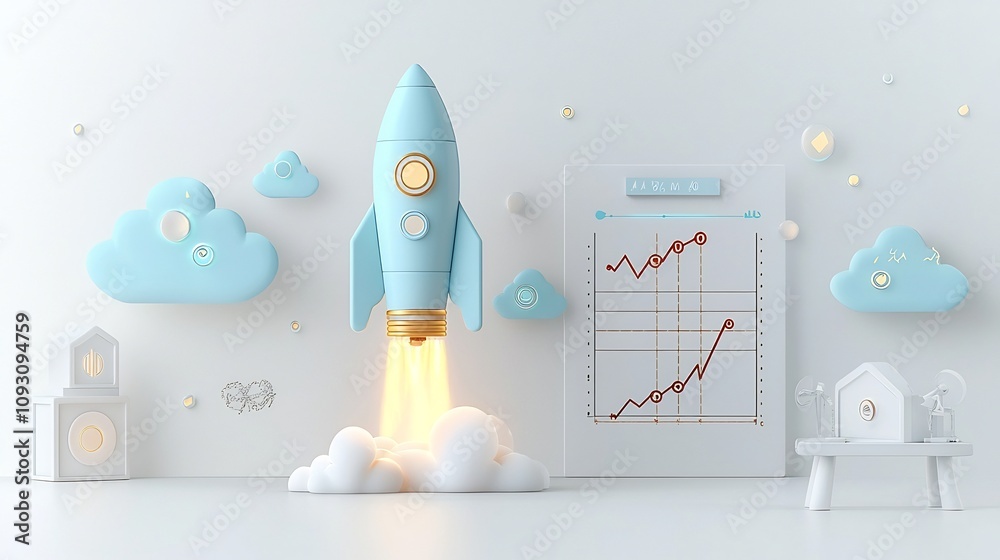 Poster luminous blue rocket blasting off with glowing clouds and an upward trending chart on a clean minima