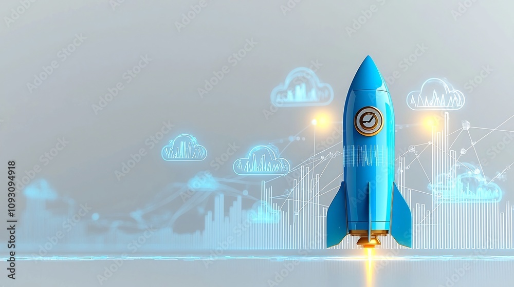 Aufkleber A glowing blue rocket blasting off into the sky surrounded by rising graph lines and luminous clouds representing growth progress and innovation against a clean white backdrop