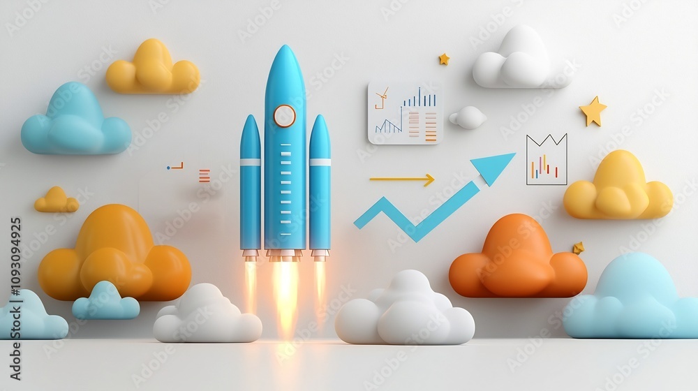 Aufkleber Dynamic 3D rendering of a glowing blue rocket surrounded by vibrant clouds and an upward arrow graph on a white background symbolizing technology innovation energy progress and growth