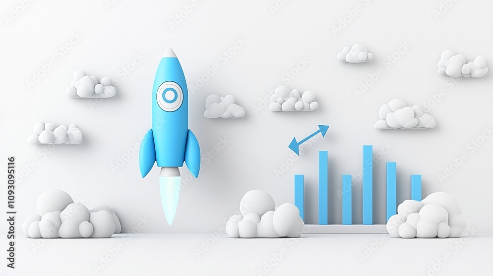 Poster glowing 3d rendered rocket spacecraft taking off with a bold rising graph on a bright white backgrou