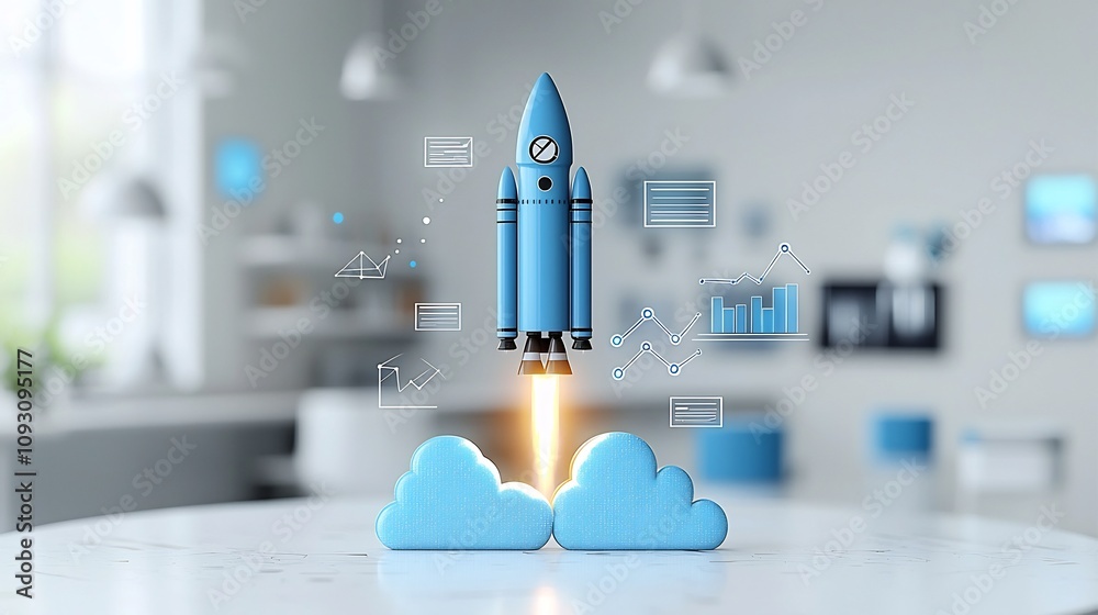 Poster powerful blue rocket ascending with glowing clouds surrounded by an upward trajectory graph line sig