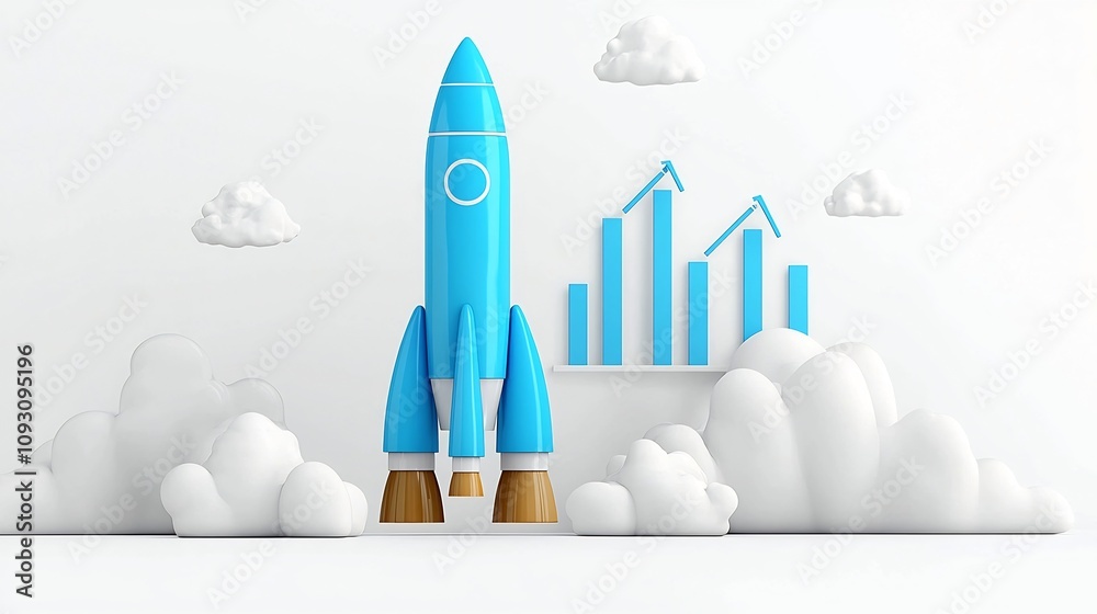 Poster glowing 3d rendered rocket taking off amidst white clouds against a bright white background with a b