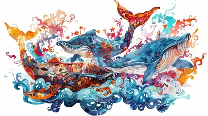 Festival for the Souls of Dead Whales Vibrant ocean fantasy scene with whales and colorful fish for nautical decor