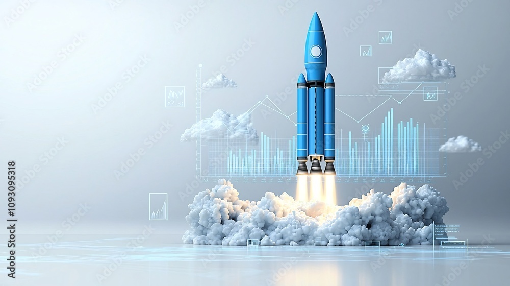 Fototapete Luminous blue rocket launching into the sky with radiant clouds surrounding its trajectory accompanied by a dynamic upward graph showcasing progress and growth against a clean white background