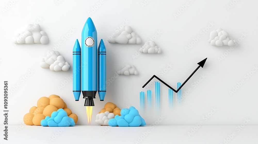Poster powerful rocket launch with glowing blue flames and vibrant clouds in the sky paired with an upward 
