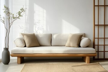Fototapeta premium Modern Minimalist Living Room Interior Design with Japanese Zen Aesthetics