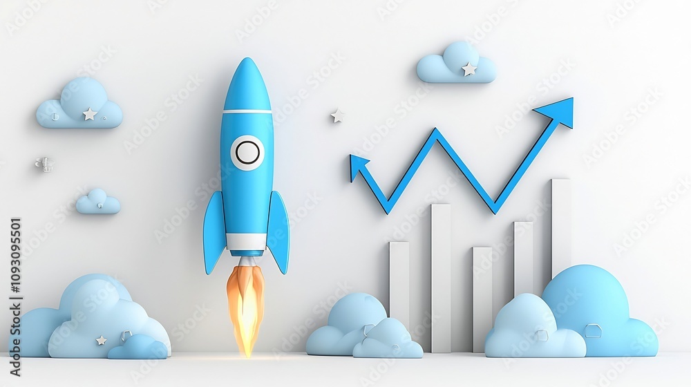 Aufkleber powerful rocket launch glowing blue against vibrant clouds paired with an upward trending graph line