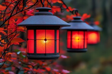 Red Cast Iron Street Lanterns in Autumn - Autumn ambiance, red lanterns glowing, cast iron, fall leaves, outdoor lighting.