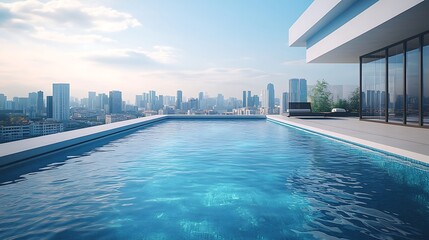 Aerial view of a sleek rooftop pool, clear blue water reflecting the city skyline, modern design with glass barriers, vibrant urban landscape in the background, calm and serene atmosphere,